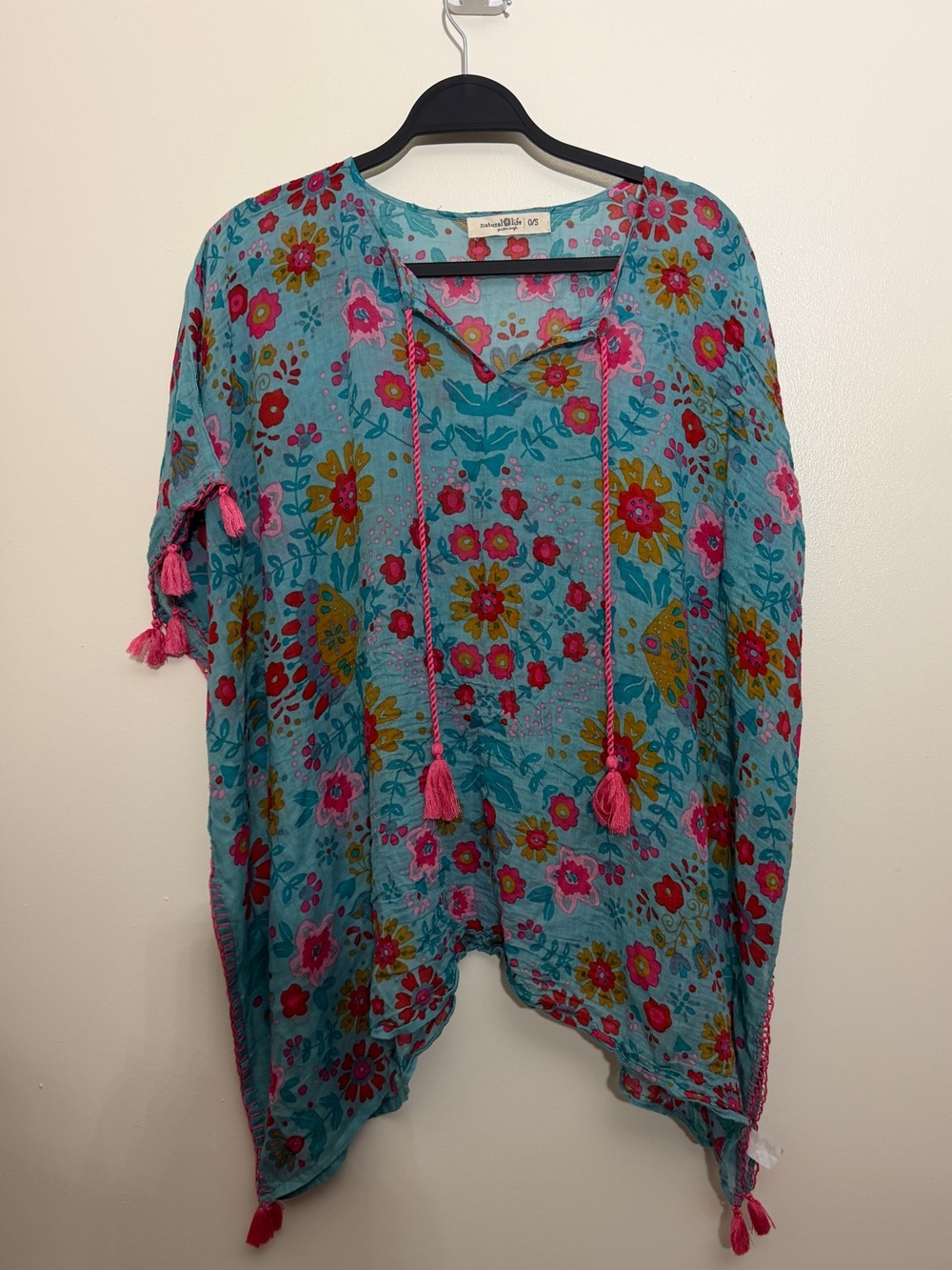 Natural Life Women Cotton Gauze Kaftan Floral Tassel Beach Cover Up Turquoise OS